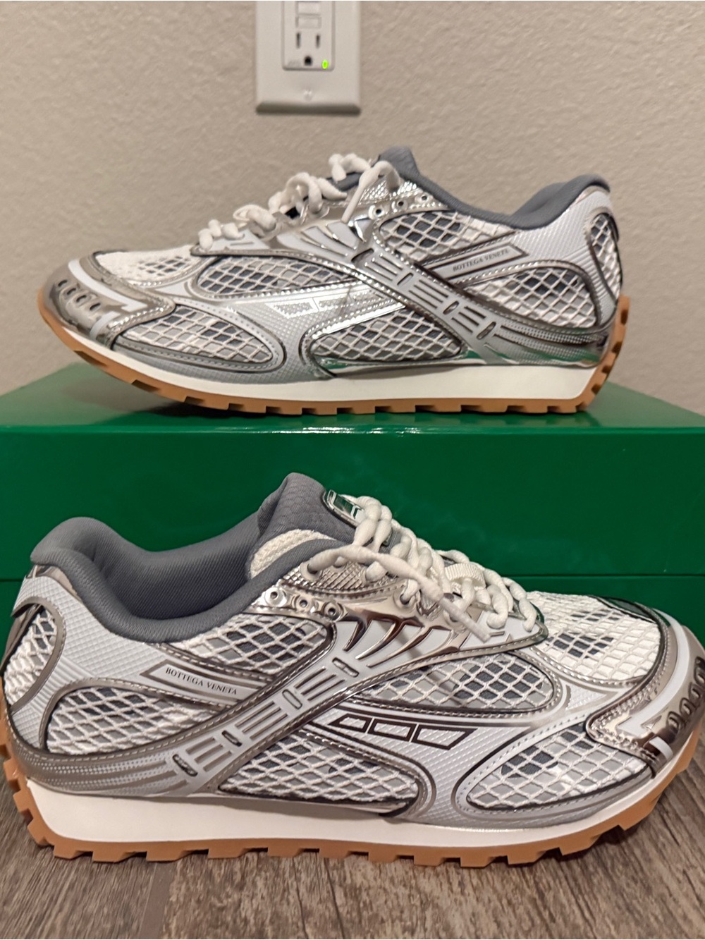 Bottega Veneta White and Silver Mesh Runner Sneakers